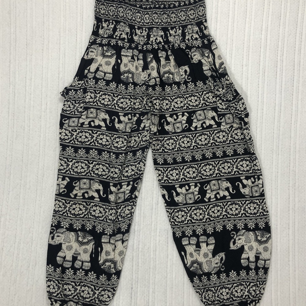 Urban Coco Black White Elephant Print Harem Pants Smocked Waist M